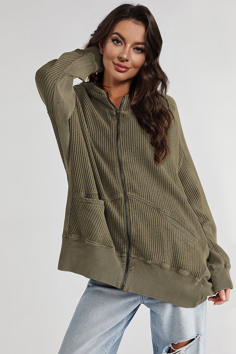 Army Green Zip-Up Long Sleeve Jacket | Jackets Daverri Fashions