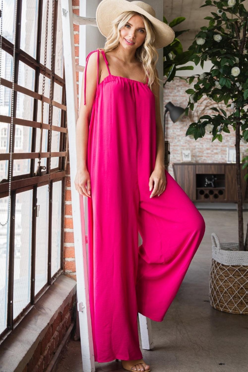 Veveret Pocketed Spaghetti Strap Wide Leg Jumpsuit Jumpsuits