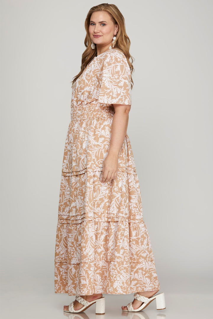 She + Sky Printed Notched Woven Tiered Pintuck Maxi Dress with Side Pockets