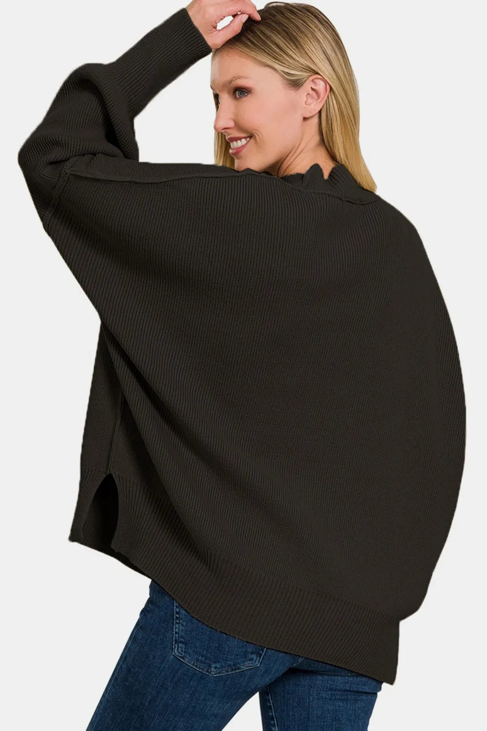 Zenana Side Slit Oversize Sweater Black | Sweaters Daverri Fashions