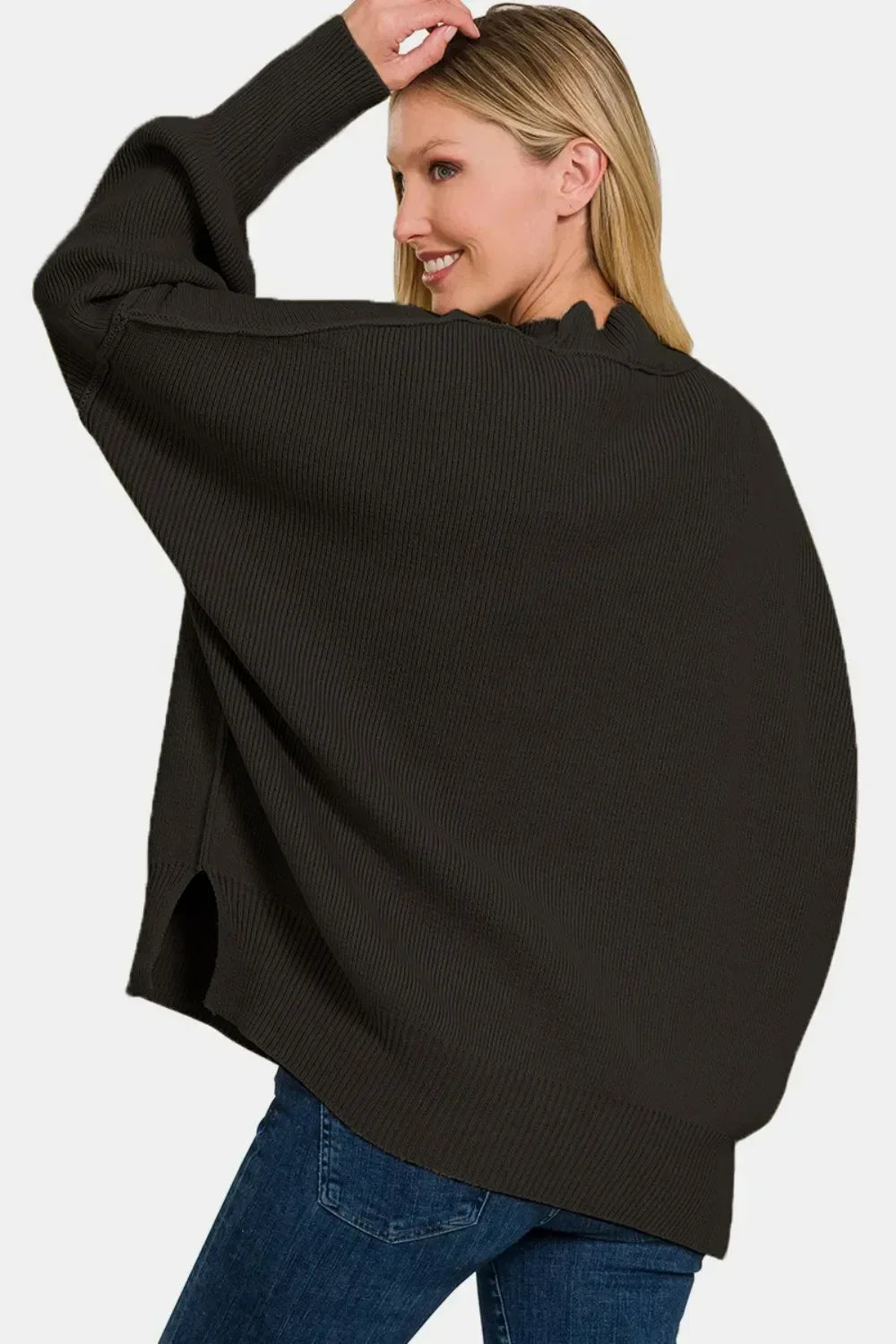 Zenana Side Slit Oversize Sweater Black - DAVERRI FASHIONS