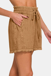 Zenana Washed Linen Frayed Hem Drawstring Shorts | Shorts Daverri Fashions