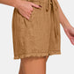 Zenana Washed Linen Frayed Hem Drawstring Shorts Shorts