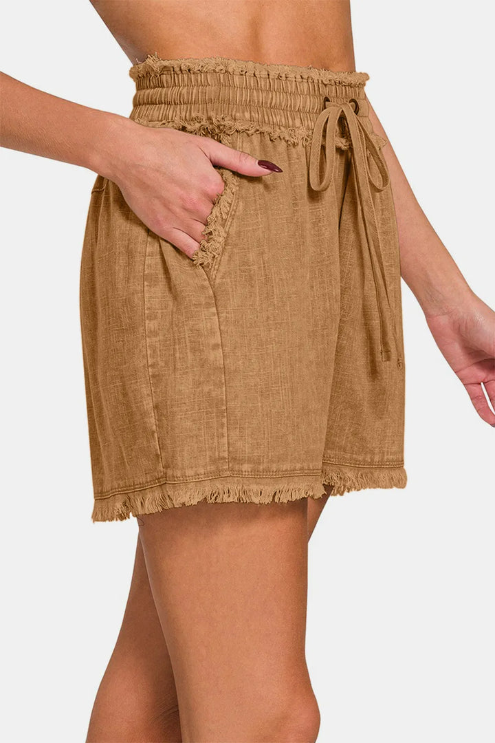 Zenana Washed Linen Frayed Hem Drawstring Shorts Shorts