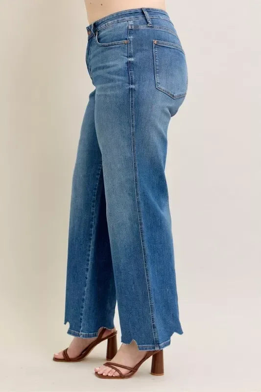 Judy Blue Full Size High Waist Tummy Control Chew Hem Destroy Wide Jeans Plus Size - DAVERRI FASHIONS