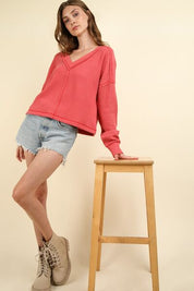 VERY J Exposed Seam V-Neck Ribbed Knit Top Tops