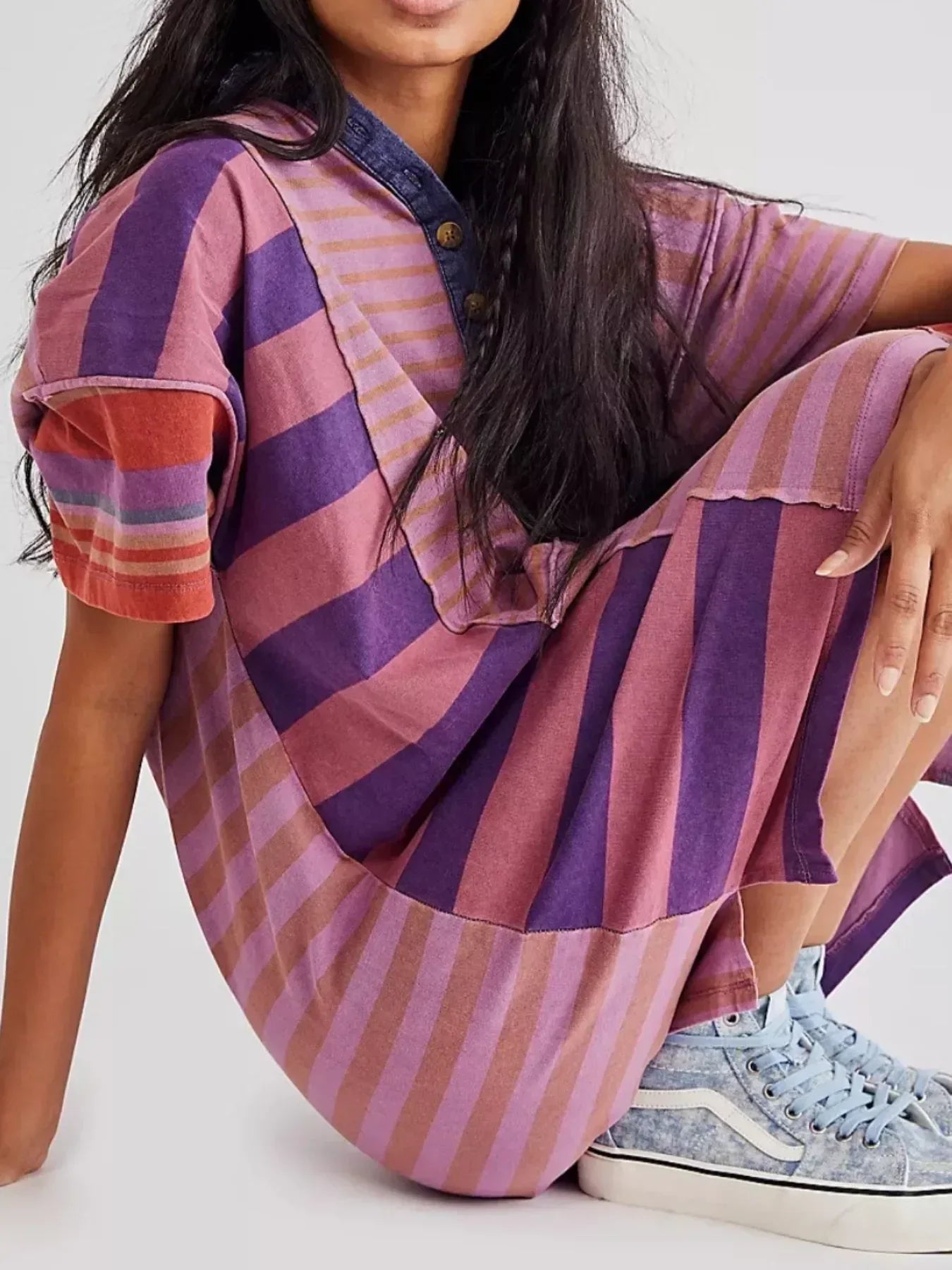 Striped Oversized Half Button Shirt Dress - DAVERRI FASHIONS