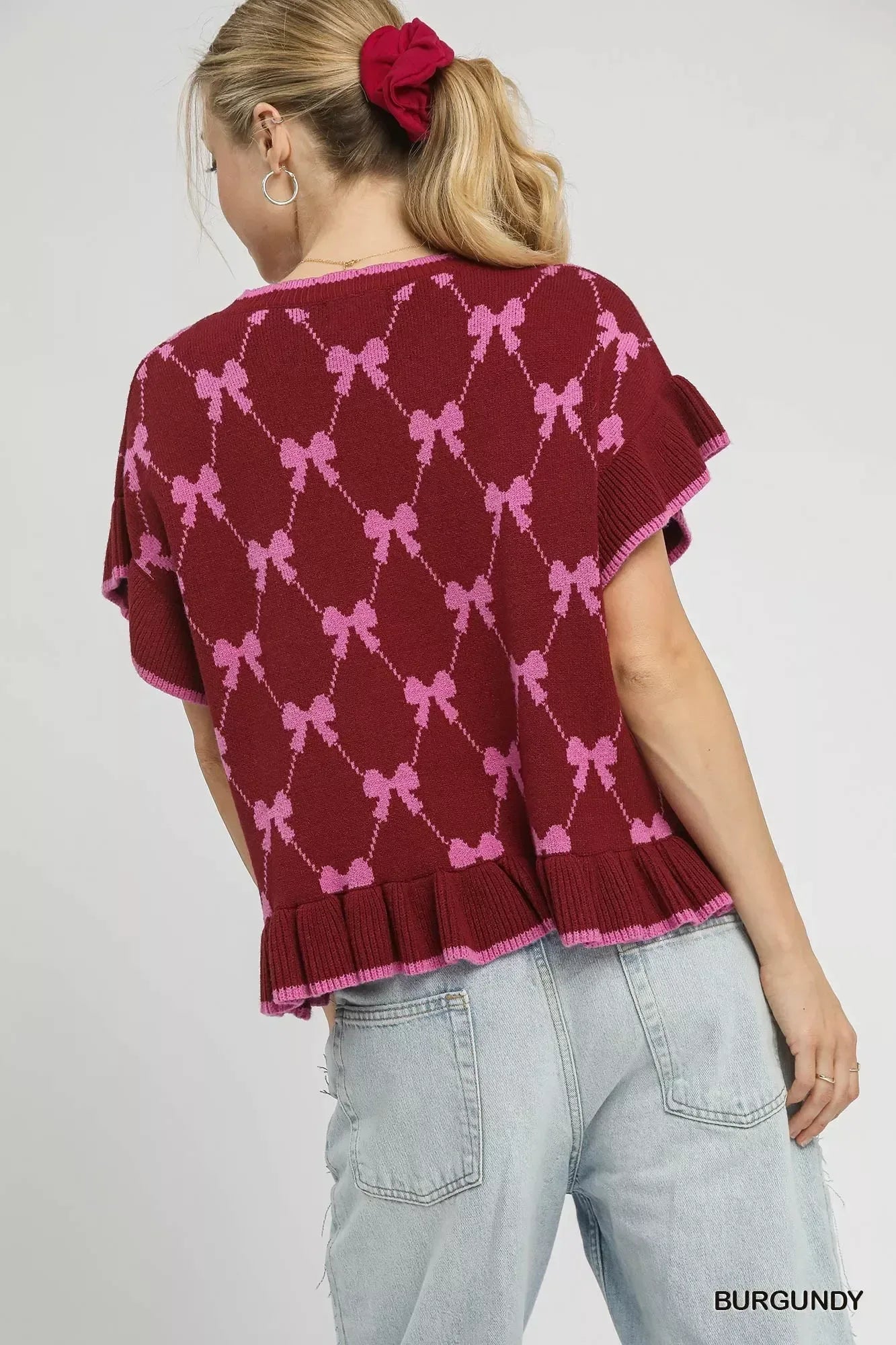 Umgee Bow Knit Ruffle Sleeve Sweater - DAVERRI FASHIONS