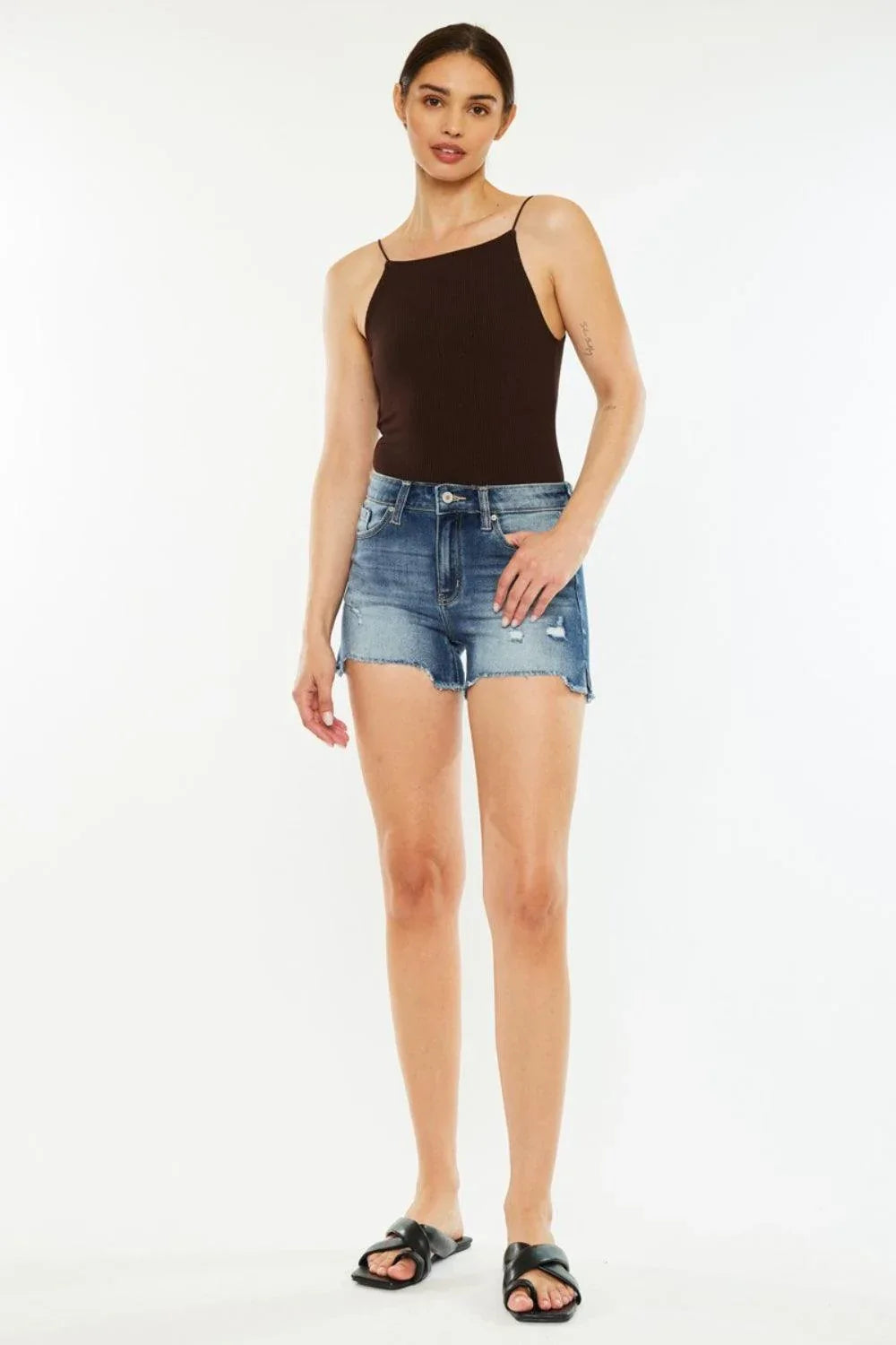 Kancan High Waist Raw Hem Denim Shorts - DAVERRI FASHIONS