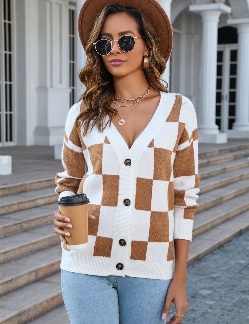 Caramel Angel Wings Button-Up V-Neck Dropped Shoulder Cardigan | Cardigans Daverri Fashions