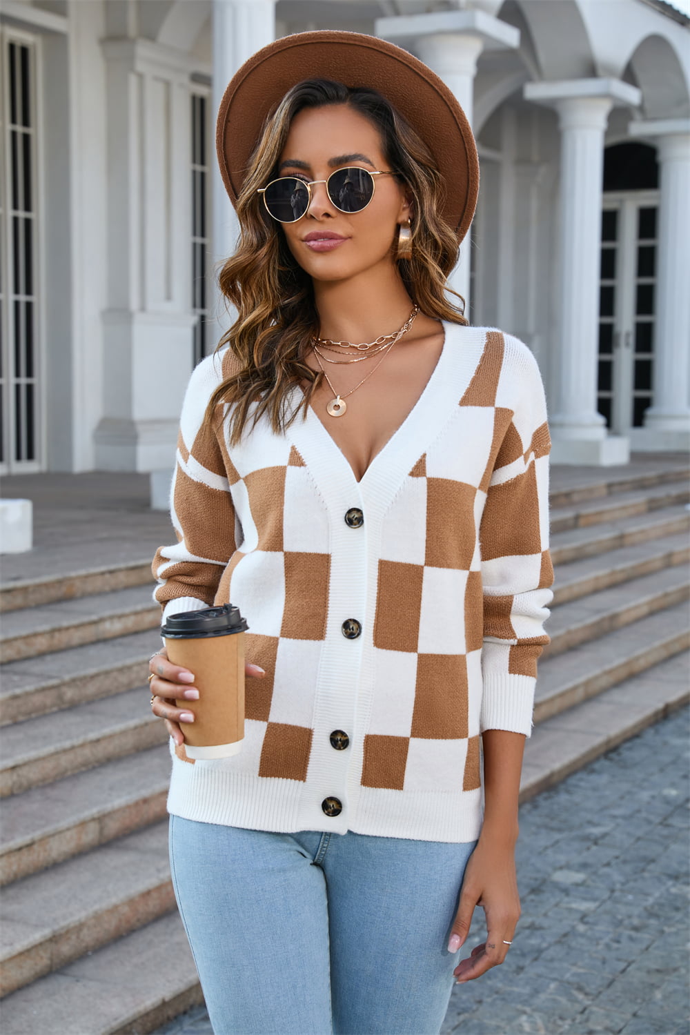 Caramel Angel Wings Button-Up V-Neck Dropped Shoulder Cardigan | Cardigans Daverri Fashions