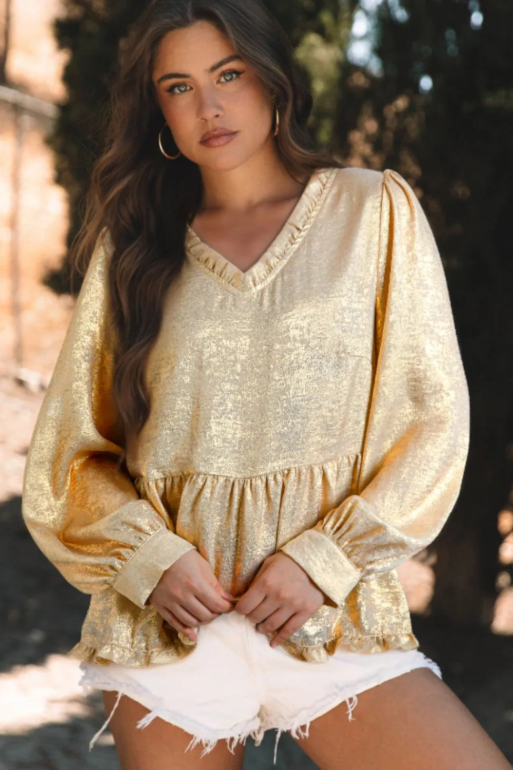 Frill Peplum V-Neck Long Sleeve Blouse | Blouses Daverri Fashions