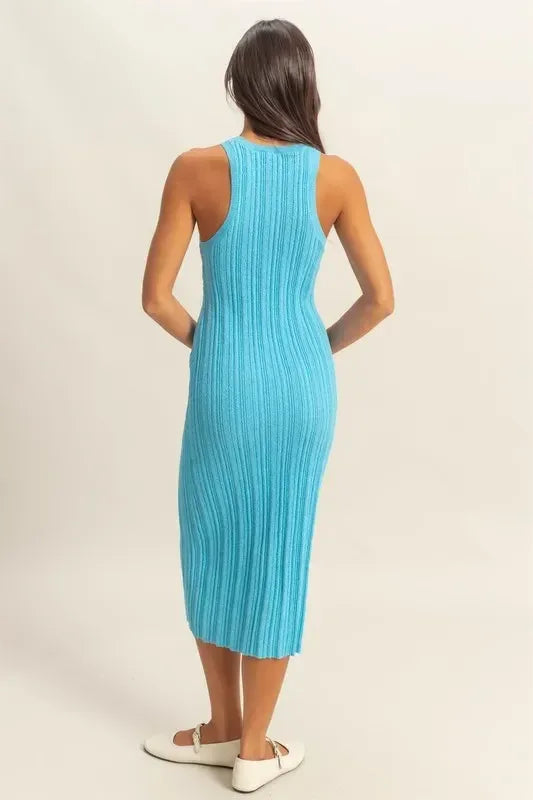 HYFVE Round Neck Blue Bodycon Ribbed Knit Dress - DAVERRI FASHIONS