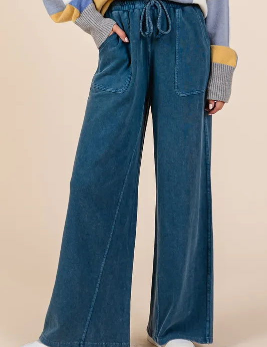 Dark Blue S Mittoshop Mineral Wash French Terry Drawstring Wide Leg Pants | Pants Daverri Fashions