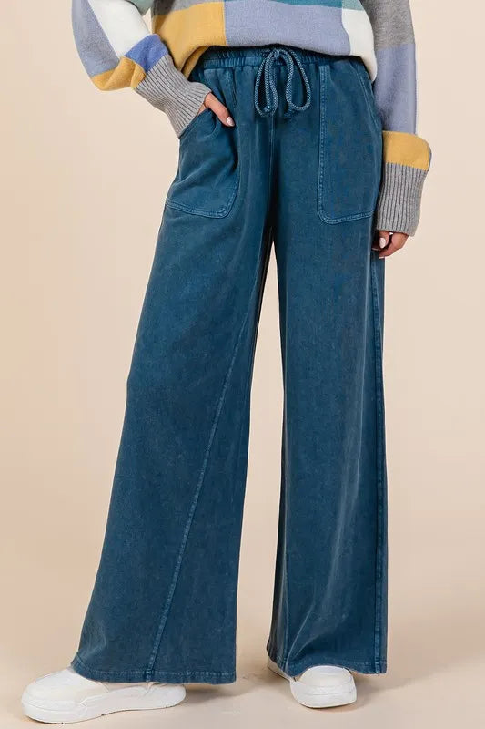 Dark Blue S Mittoshop Mineral Wash French Terry Drawstring Wide Leg Pants | Pants Daverri Fashions