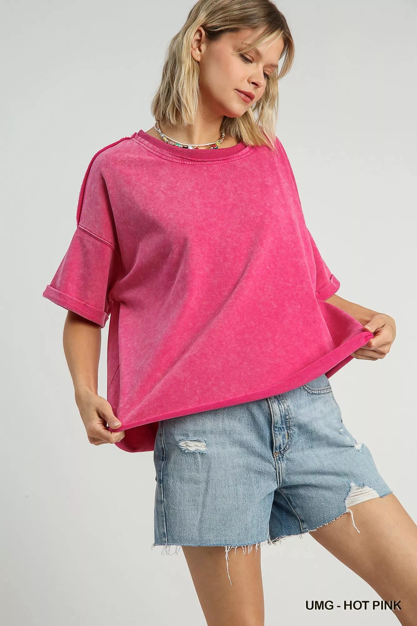 Umgee Mineral Wash Round Neck Top Hot Pink | Tops Daverri Fashions