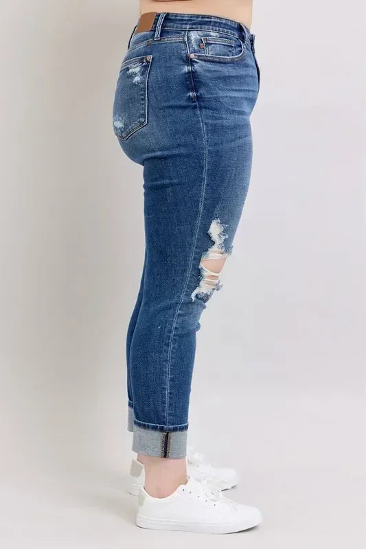 Judy Blue Full Size Mid Rise Boyfriend destroy Jeans with Yoke Pockets and Faux Selvedge Cuff Plus Size - DAVERRI FASHIONS
