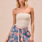 BiBi floral print denim shorts with braided belt, pink drawstring, frayed hem