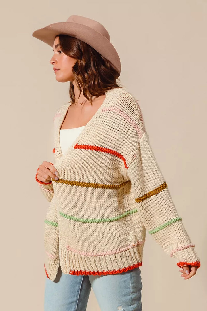 SO ME Loose Fit Multi Stripe Open Front Cardigan | Daverri Fashions