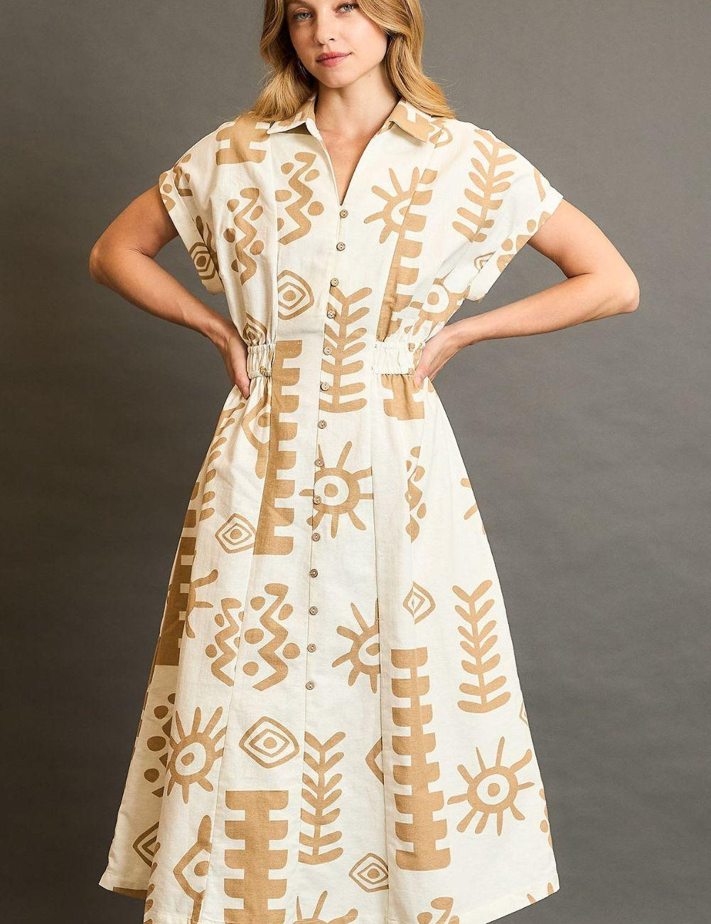 Tan Umgee Full Size Abstract Print Elastic Waist Midi Dress Plus Size | Daverri Fashions