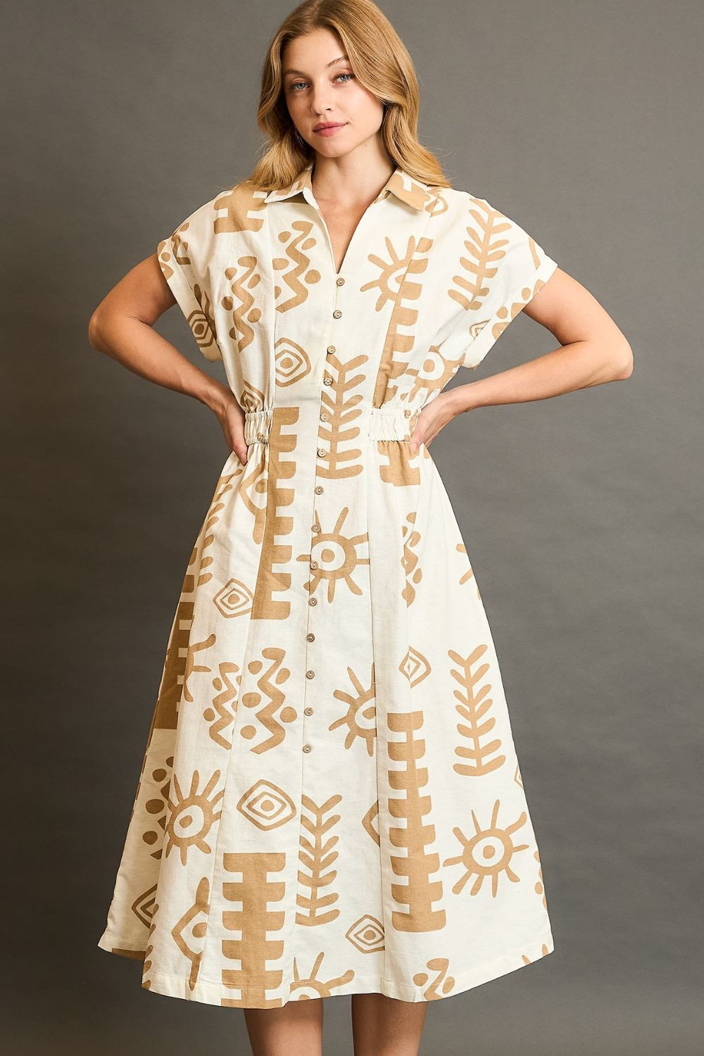 Umgee Full Size Abstract Print Elastic Waist Midi Dress Plus Size Tan