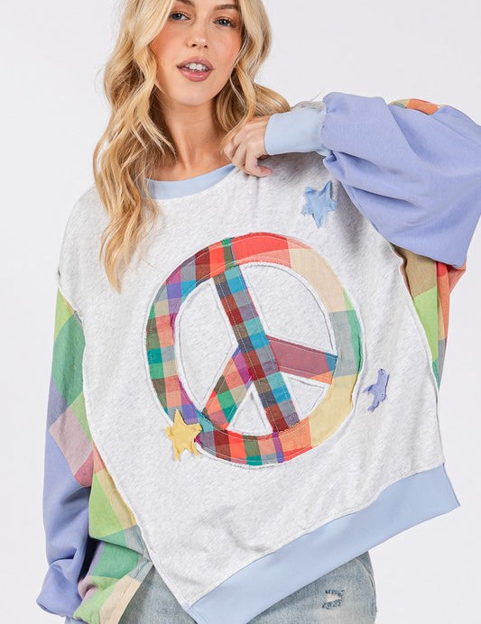 SAGE + FIG Contrast Peace Patch Dropped Shoulder Sweatshirt Blue Purple Sweatshirts