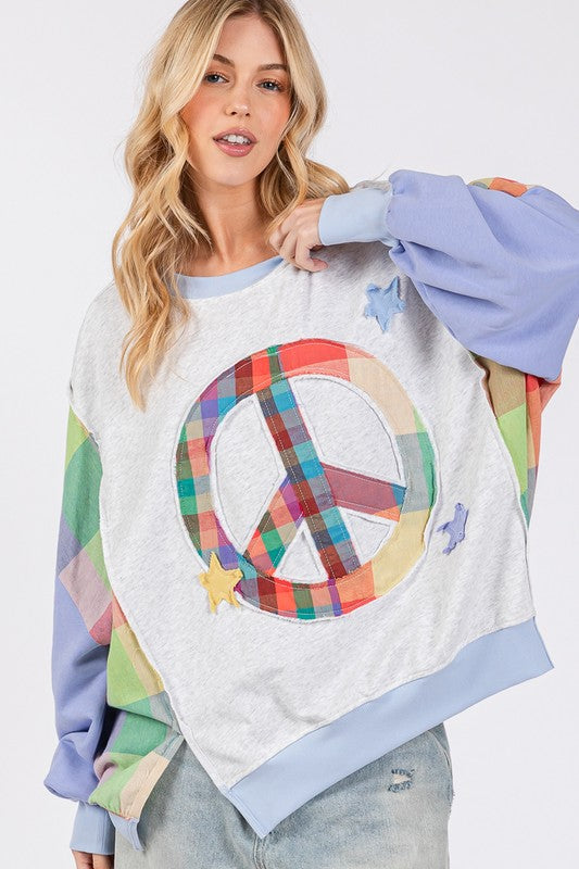 SAGE + FIG Contrast Peace Patch Dropped Shoulder Sweatshirt Blue Purple Sweatshirts