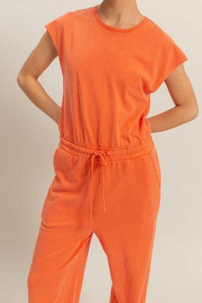 HYFVE Back Keyhole Round Neck Cap Sleeve Drawstring Jumpsuit - DAVERRI FASHIONS