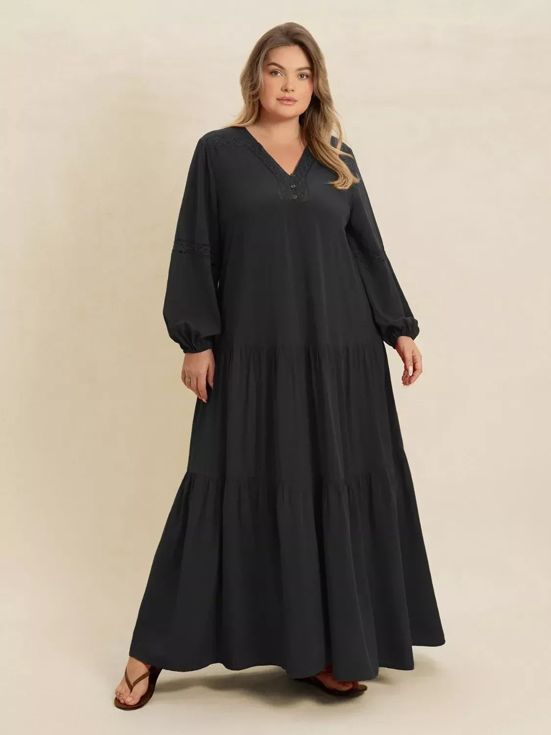 Plus Size Bohemian Tiered Maxi Dress with Balloon Sleeves - DAVERRI FASHIONS