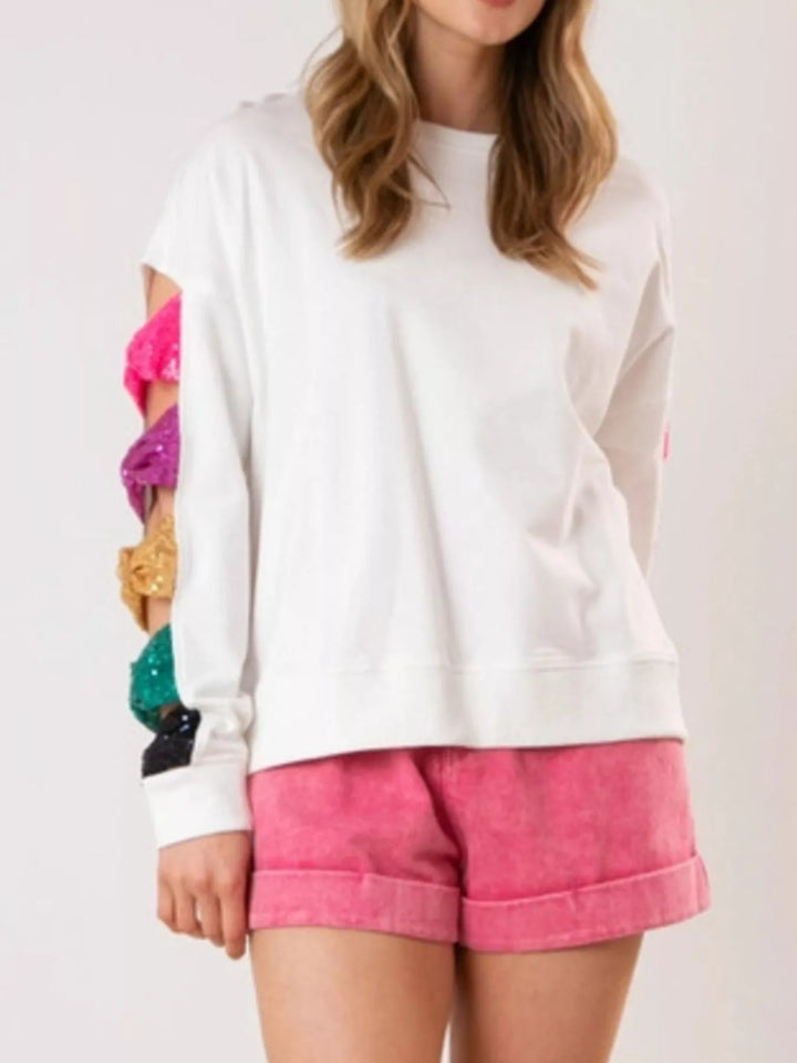 Sequin Bow Cutout Round Neck Sweatshirt | Sweatshirts Daverri Fashions