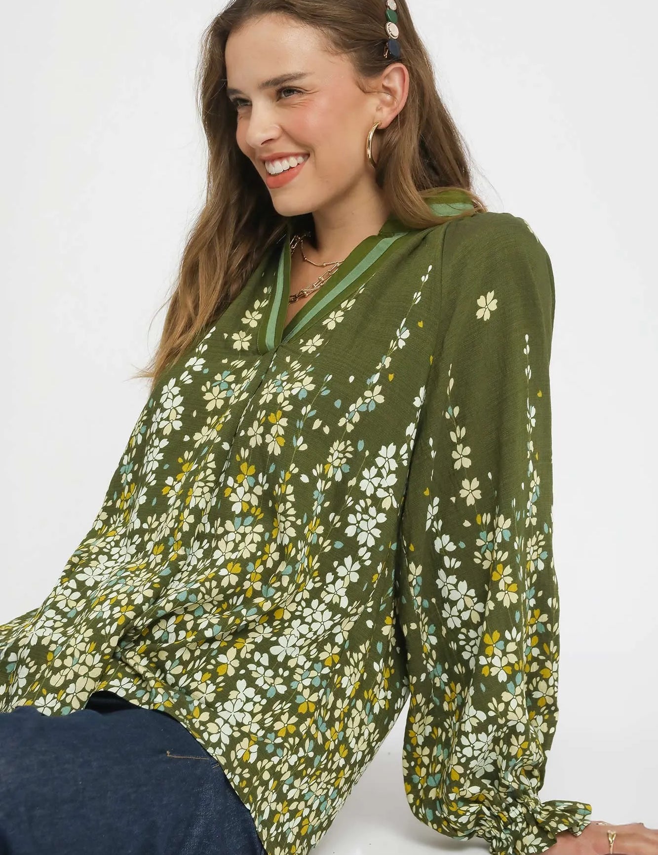 Olive Umgee Floral Vine Print Blouse with Balloon Sleeves | Blouses Daverri Fashions