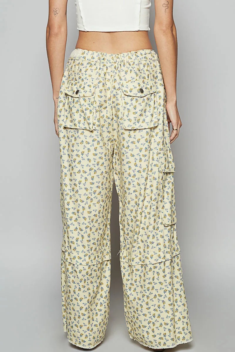 POL Floral Cargo Wide Leg Pants with Lace Drawstring Pants