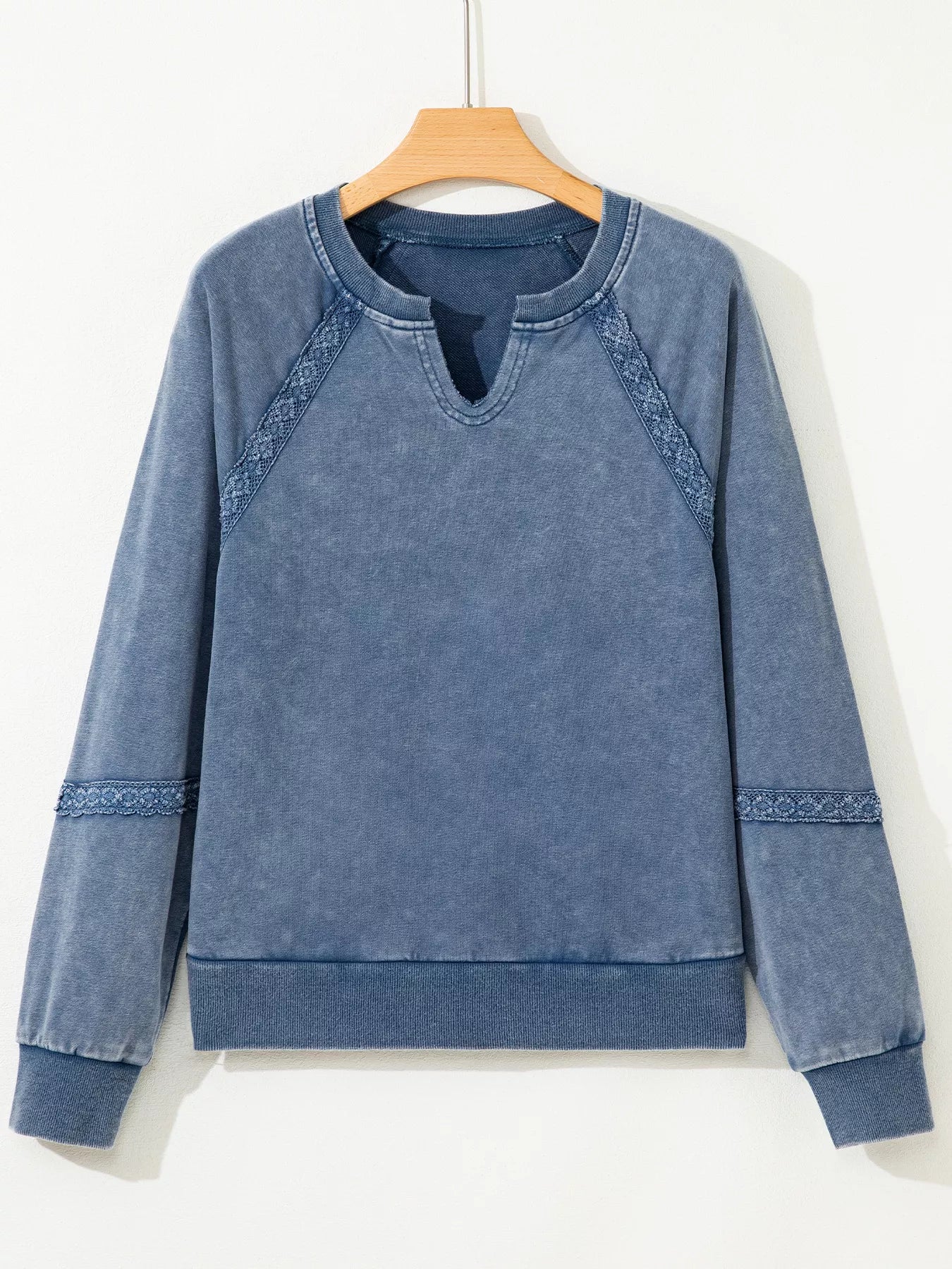 Blue denim mineral wash baggy sweatshirt with lace trim sleeves