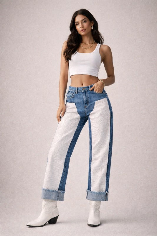 Junior low rise vinyl croc panels cuffed straight jeans, two-tone denim back