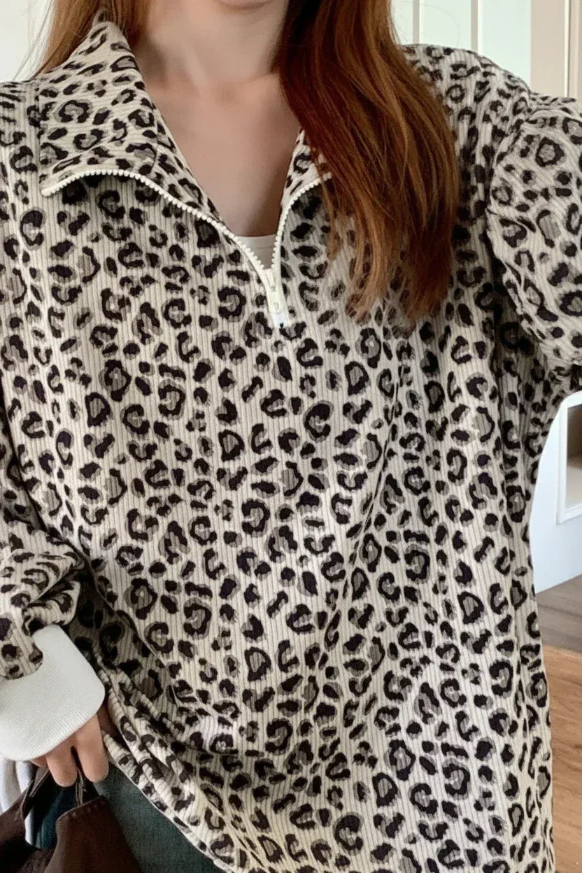 Leopard Print Quarter-Zip Sweatshirt - DAVERRI FASHIONS