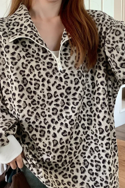 Leopard Print Quarter-Zip Sweatshirt - DAVERRI FASHIONS