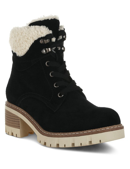 Black Madoka Fur Collar Chunky Ankle Boots | Boots Daverri Fashions