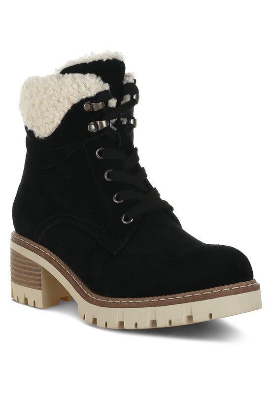 Black Madoka Fur Collar Chunky Ankle Boots | Boots Daverri Fashions