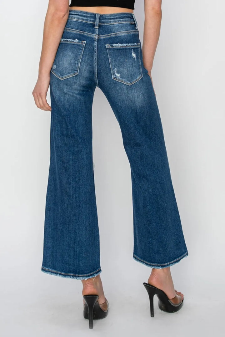Risen Full Size High Rise Patch Detailed Wide Leg Crop Jeans | Jeans Daverri Fashions