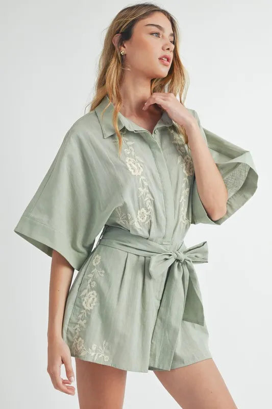 MABLE Embroidered Button Down Collared Neck Romper Rompers