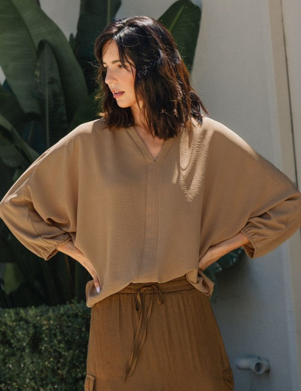 Annie Wear Notched Batwing Sleeve Blouse Camel Blouses