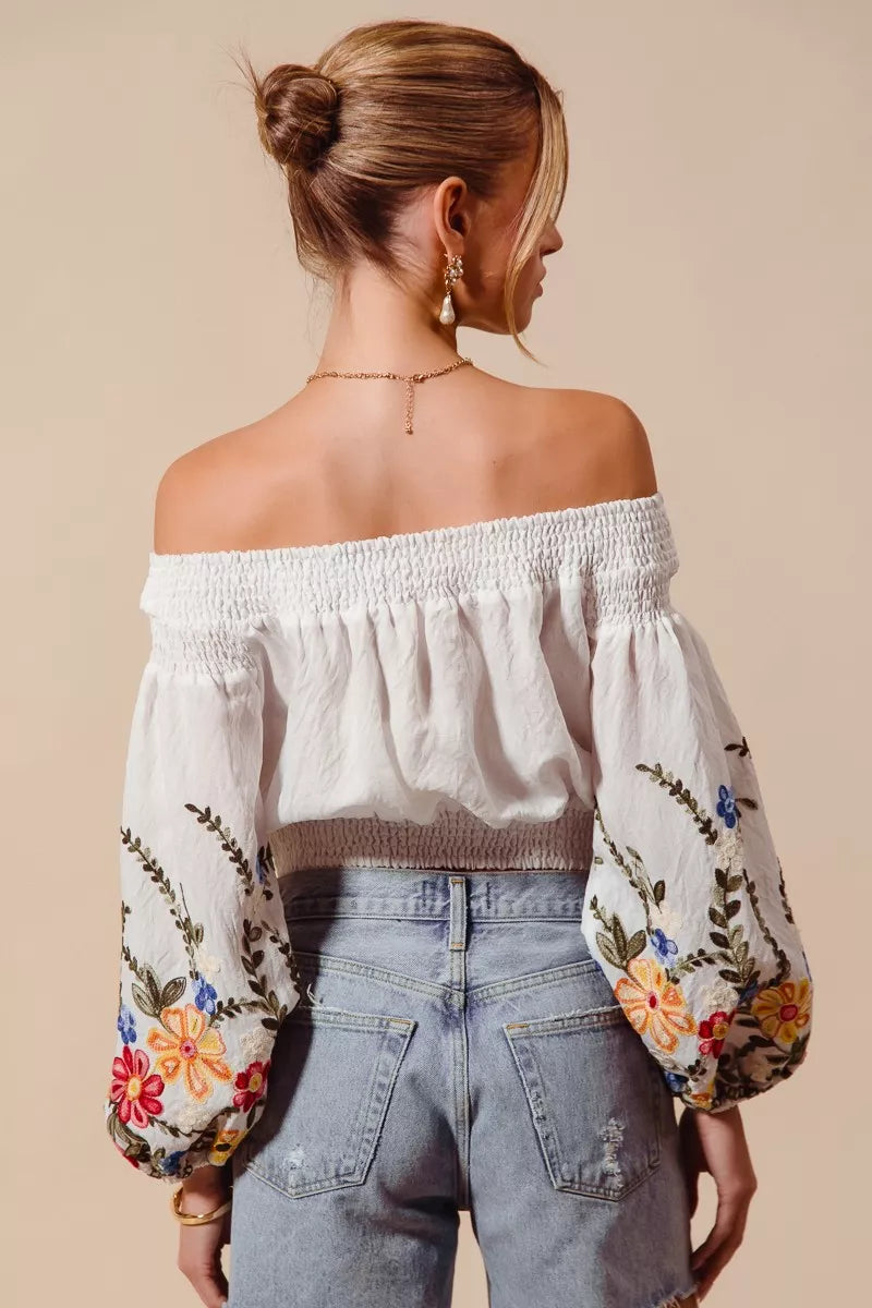 White SO ME floral embroidered off-shoulder crop top blouse