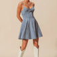 SO ME light-wash A-line fit and flare denim mini dress with thin straps