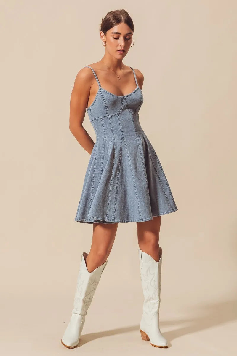 SO ME light-wash A-line fit and flare denim mini dress with thin straps
