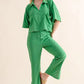 Green floral woven pajama set with brushed checkerboard pants