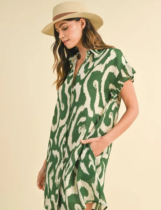 Annie Wear Abstract Printed Frill Sleeve Shirt Mini Dress | Daverri Fashions