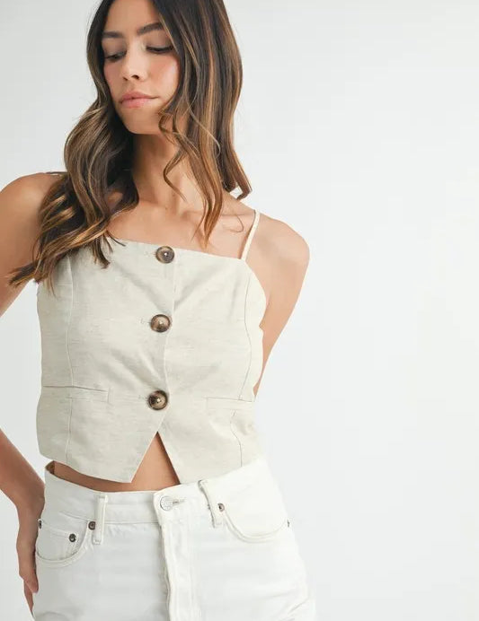 MABLE Linen Mix Button Down Tank Top | Tank Tops Daverri Fashions