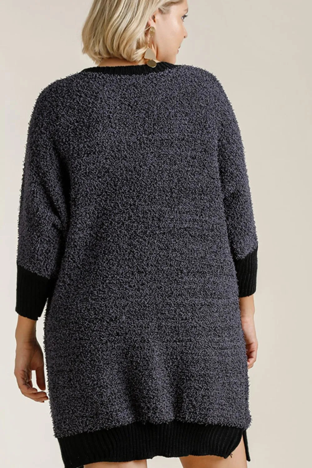 Umgee Full Size Ribbed Hem Round Neck 3/4 Sleeve Sweater Dress with Pockets Plus Size | Daverri Fashions
