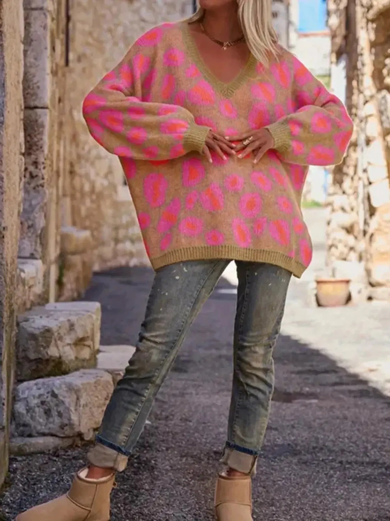 Leopard Oversized V-Neck Sweater | Sweaters Daverri Fashions