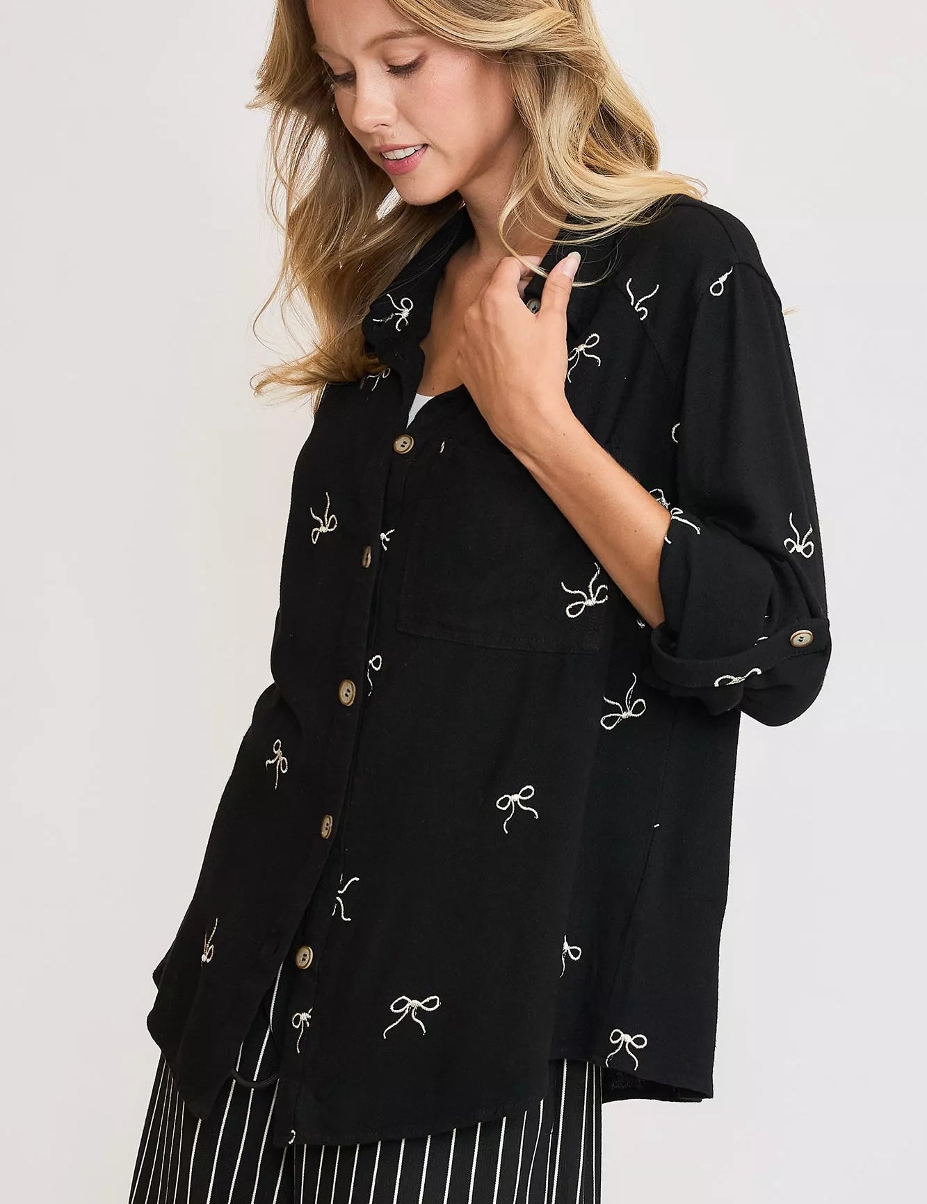 Umgee Linen Blend Fitted Shirt with Ribbon Embroidery Details | Shirts Daverri Fashions